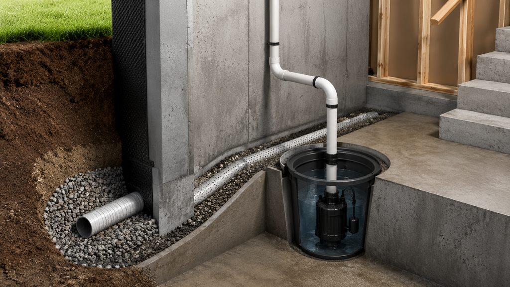 basement drainage system with sump pump and foundation drain pipe