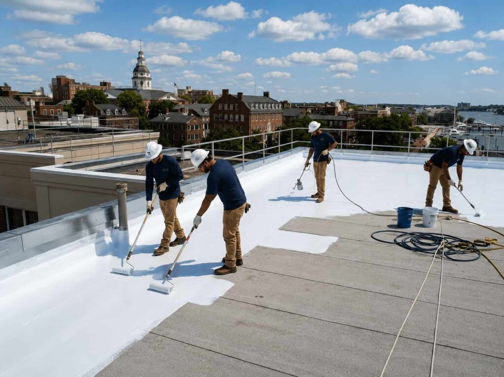 Professional roof installation work on a residential property in Maryland