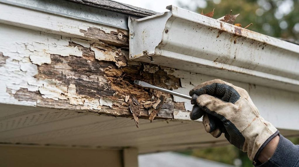 Rotted fascia roof board with peeling paint and a sagging gutter