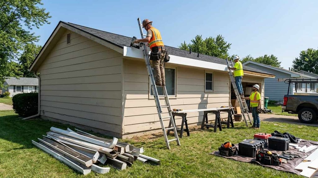Roofer installing a new fascia roof board during a replacement project