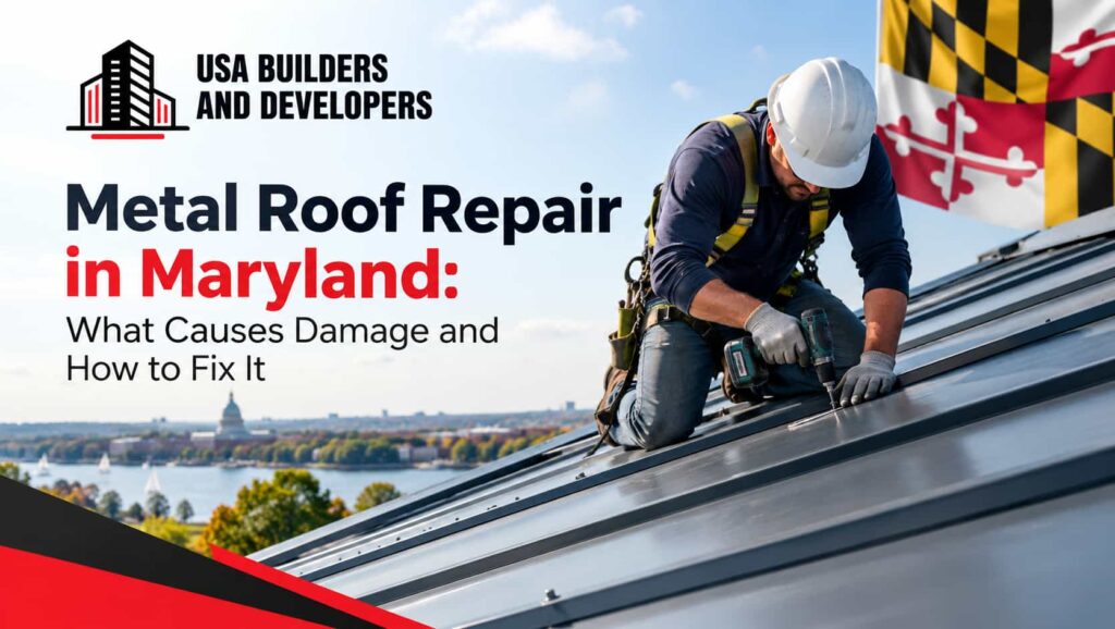 Contractor doing metal roof repair on a home in Maryland