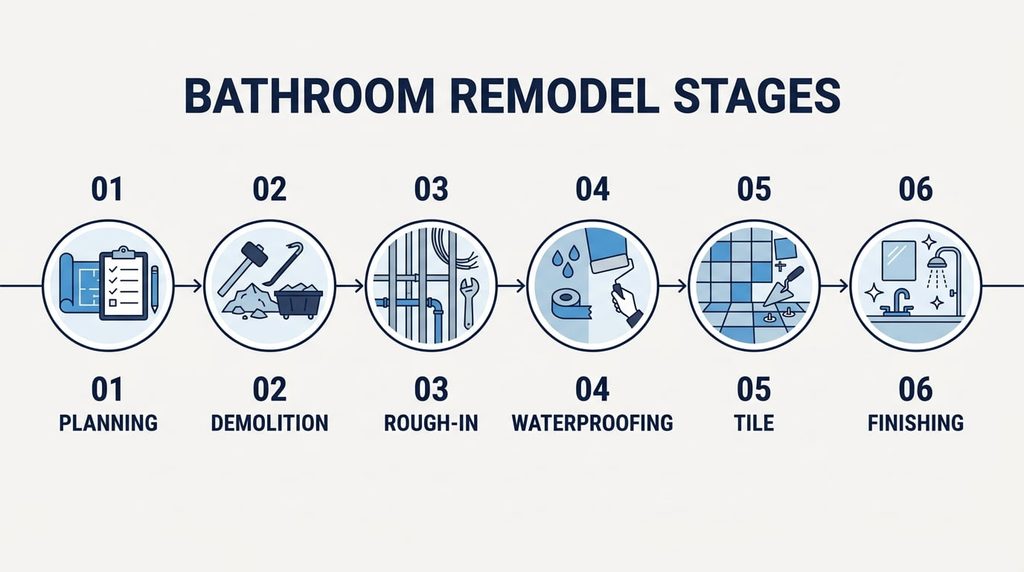 Bathroom remodel timeline showing the correct order of work from planning to finishing