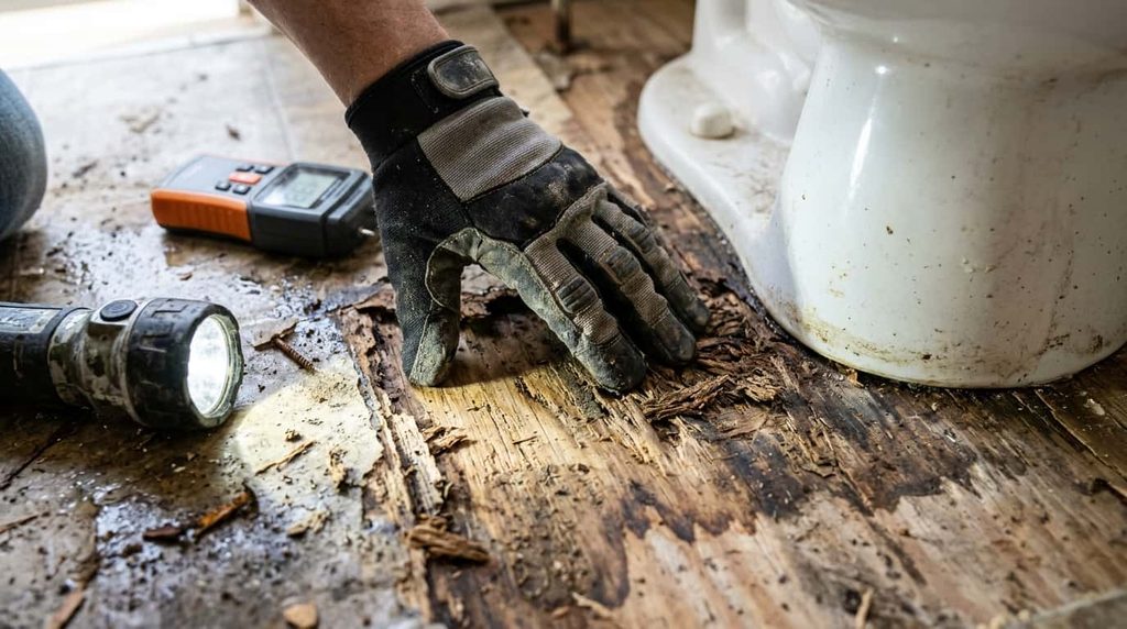 Contractor checking a bathroom subfloor for water damage before a remodel