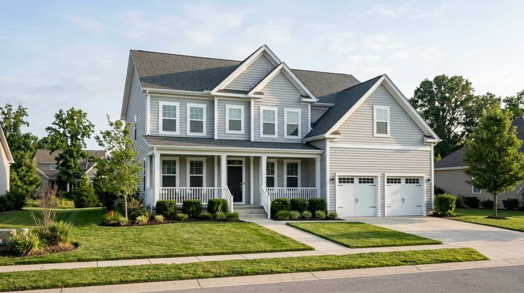 Two-story American home with new insulated vinyl siding in light gray