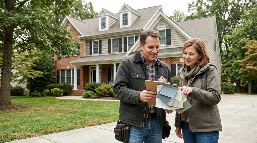 Siding contractor showing color samples to a homeowner outside a house