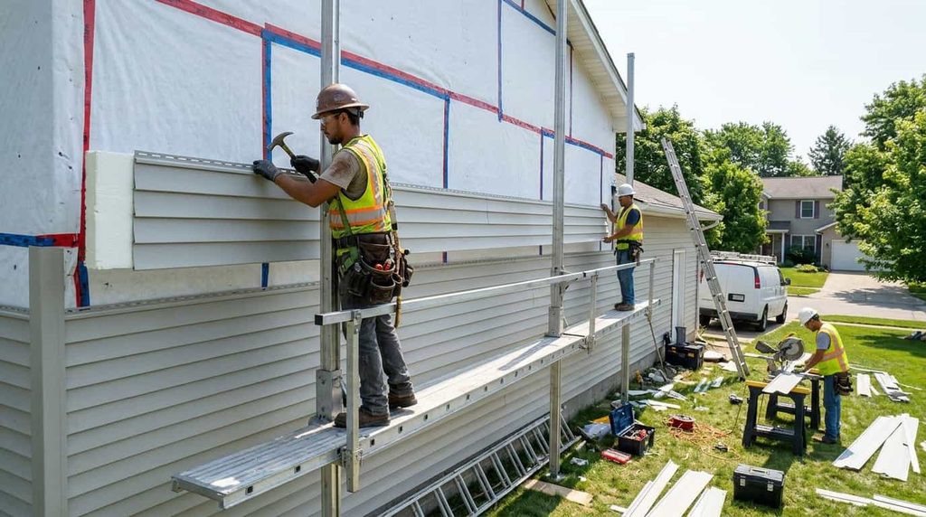 Contractor installing foam-backed vinyl siding panel over house wrap