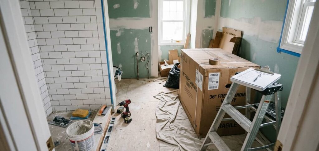 Bathroom remodel checklist on a clipboard in a bathroom under renovation