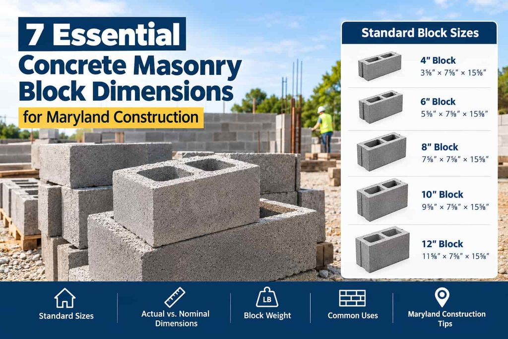 Concrete masonry block dimensions showing standard 4-inch, 6-inch, 8-inch, 10-inch, and 12-inch concrete block sizes.