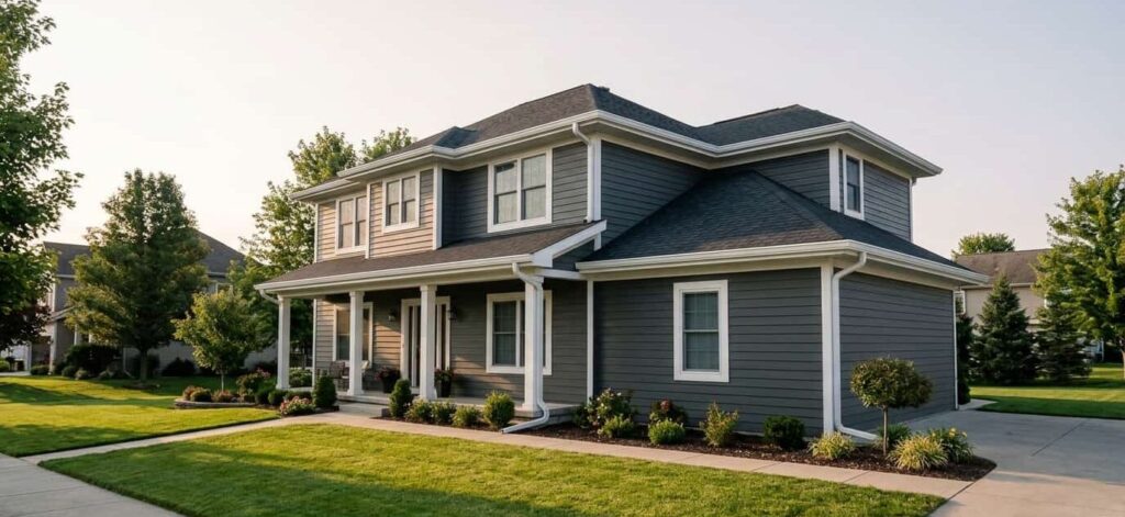New white fascia roof boards and gutters on a two-story American home
