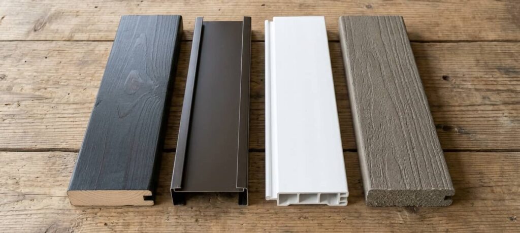 Fascia roof material samples including wood, aluminum, PVC, and fiber cement