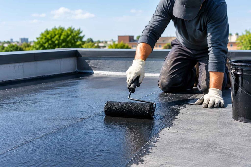 Professional roofer performing flat roof leak repair on a leaking commercial roof