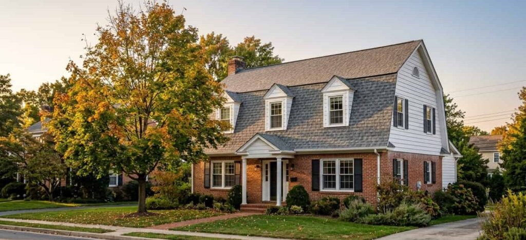 Gambrel roof on a Colonial-style home in a Maryland neighborhood
