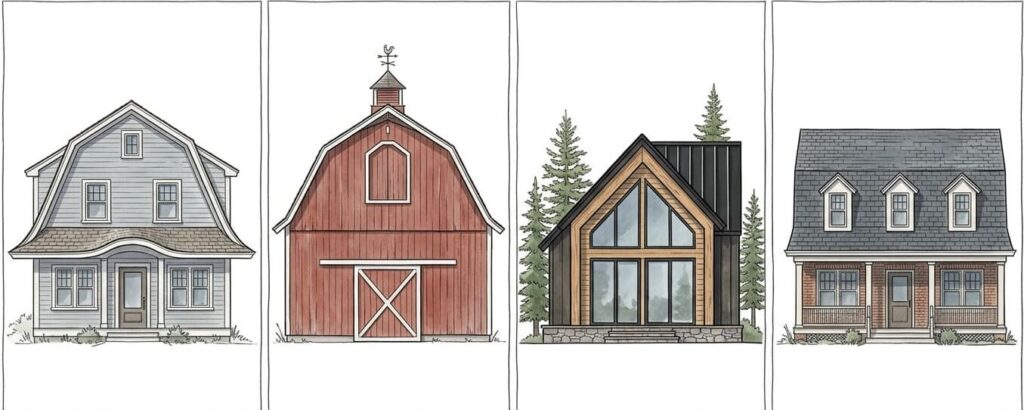 Four gambrel roof styles: Dutch Colonial, barn, modern, and dormer