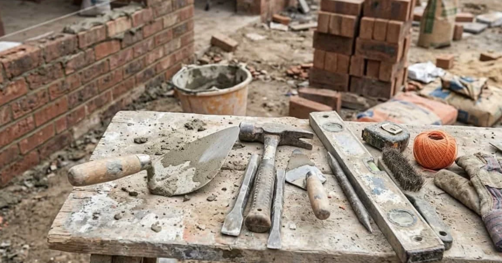 Essential masonry tools including trowel, brick hammer, chisel, and spirit level arranged on a workbench

