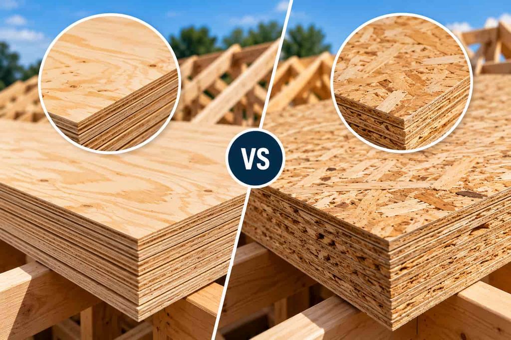 Roofing plywood installation showing a professional roofer securing plywood roof sheathing to a residential roof using a nail gun.