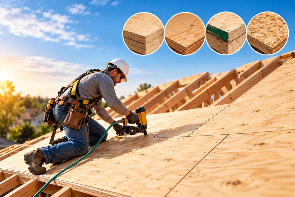 Roofing plywood installation by a professional contractor using a nail gun to secure plywood roof sheathing on a residential roof.