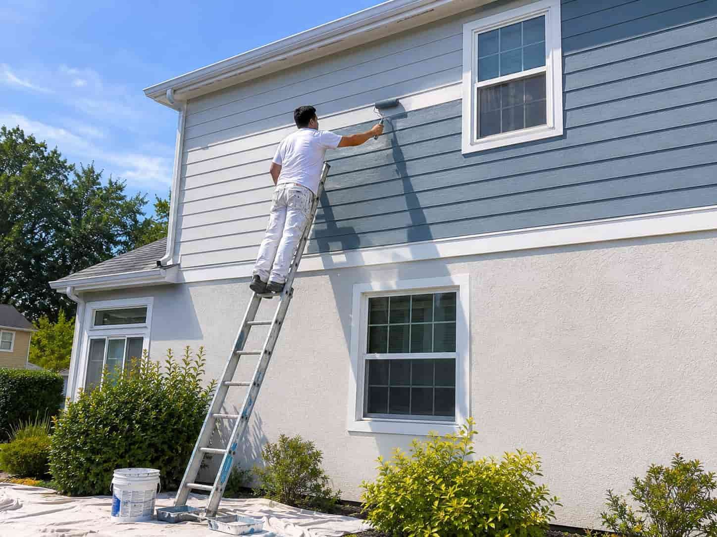 Professional exterior painting services in Maryland with experienced house painters applying fresh paint to a residential home's exterior using natural daylight and high-quality finishes.