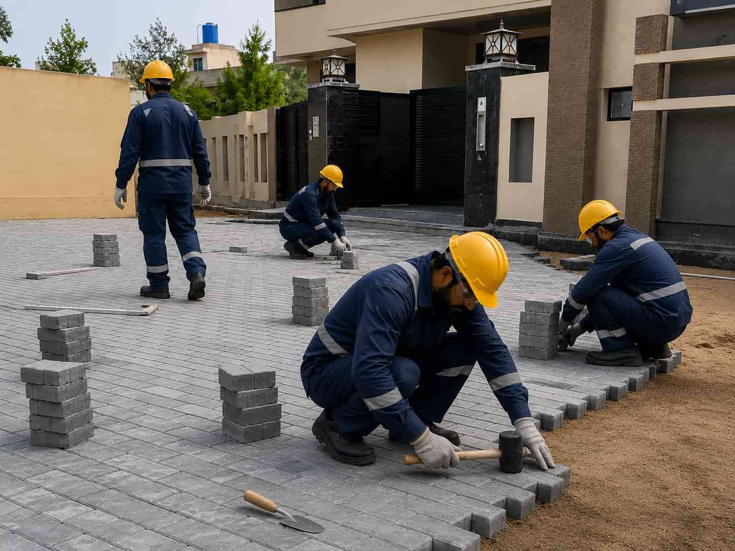 Workers Working on the outdoor pavement of a home