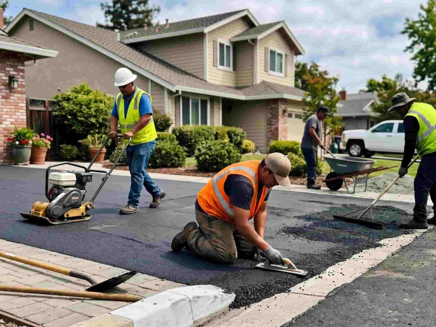 A crew of professional masonry and paving contractors laying and leveling fresh asphalt on a residential driveway