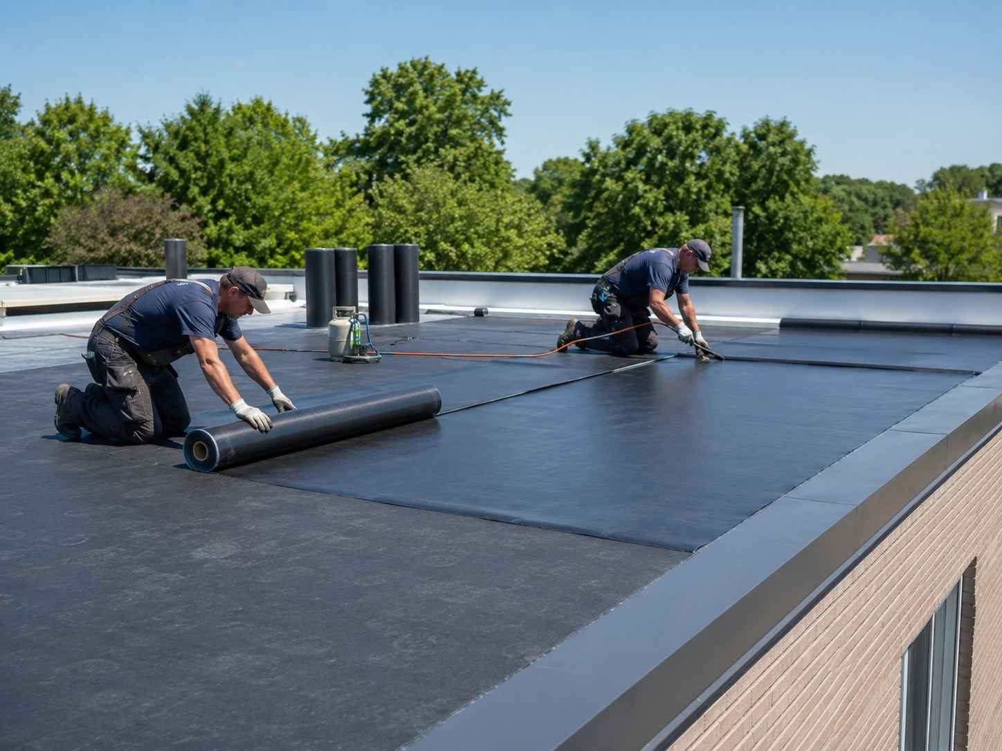 Roofing contractor installing asphalt shingles on a residential roof using a nail gun.
