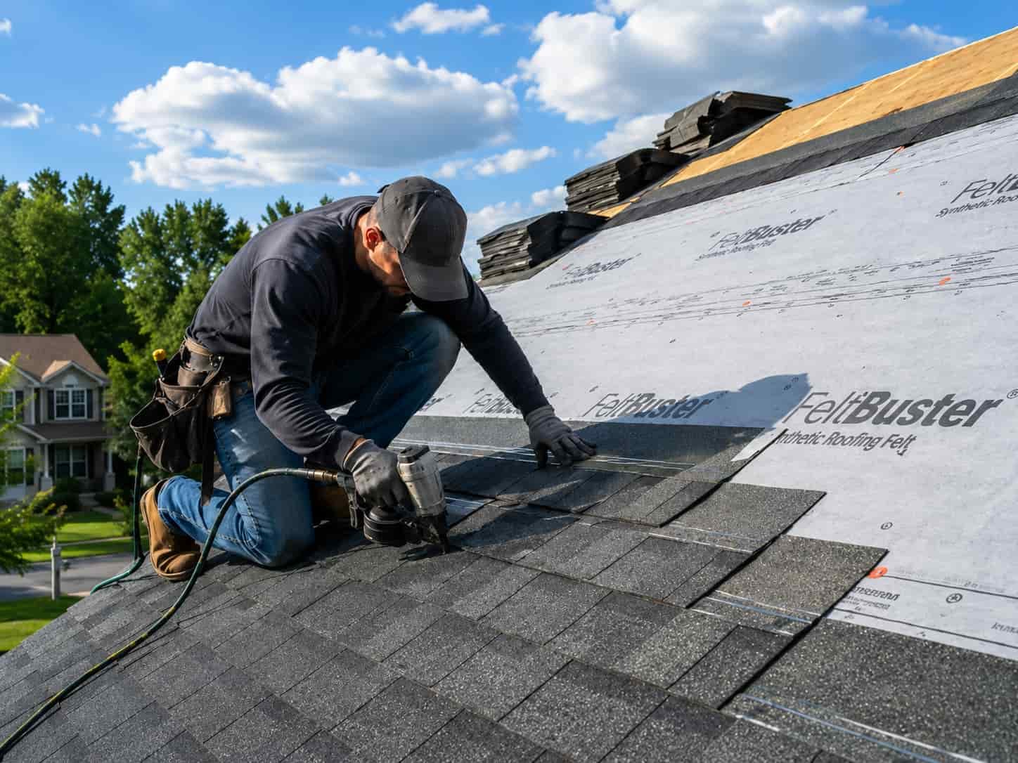 Roof installation contractor installing asphalt shingles on a residential home in Maryland