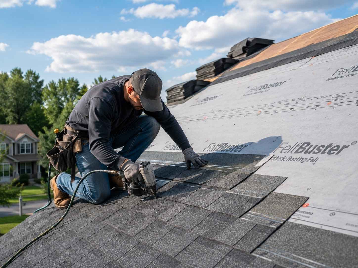 Roofing contractor installing asphalt shingles on a residential roof using a nail gun.