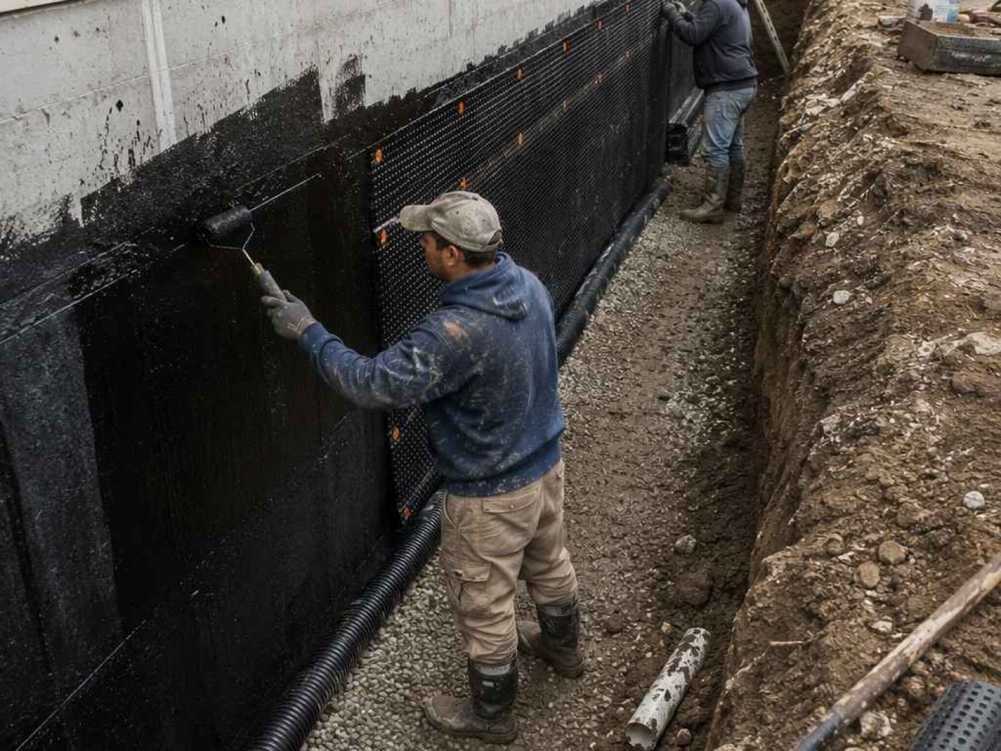Professional waterproofing contractors applying foundation waterproofing services to a residential home in Maryland.